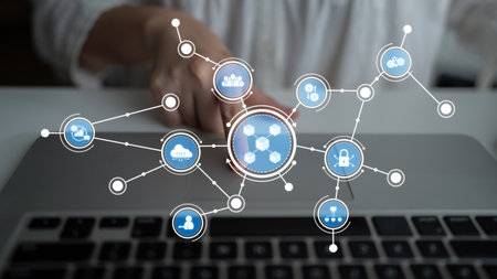 This image illustrates digital connections between various icons representing cloud technology,...
