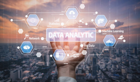 A hand reaches out towards holographic icons symbolizing data analytics and technology, set against...