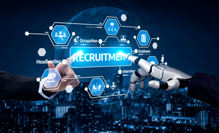 This image illustrates a collaboration between human and robot in a virtual recruitment process,...