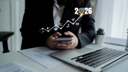 2026 business goal and growth strategy focuses on business, goal, and growth through roadmap, development, and team-driven achievement with future planningの写真素材