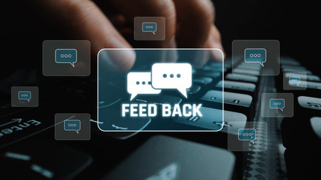 Customer or business team feedback system highlighting comments, opinions, evaluations, reviews, and suggestions from users to improve services, communication, and product quality idea insight Marrowのeditorial素材