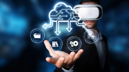 A man in a business suit engages with cloud technology while wearing a virtual reality headset,...