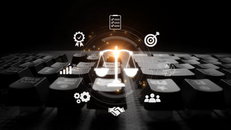 Futuristic digital law interface displaying justice scale, highlighting digital law, AI compliance,...