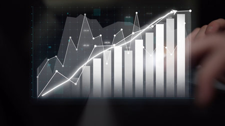 This image depicts a modern financial data visualization, featuring a bar graph and trend line that...
