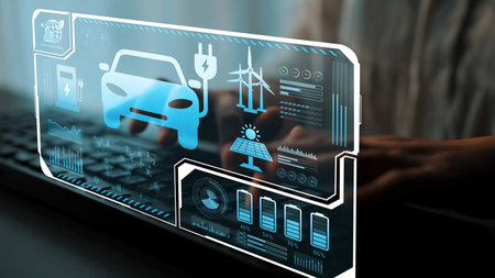 Charging dashboard for electric vehicles with battery status, energy usage, renewable integration, and CO2 impact tracking to support clean energy transitionの写真素材