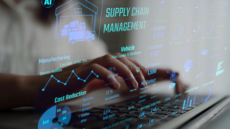 Supply chain management interface showing delivery routes, warehouse efficiency, cost savings,...
