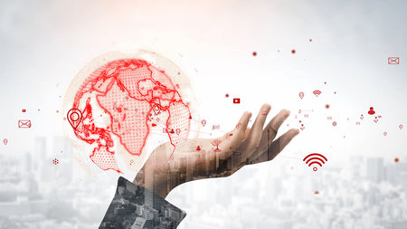 Hands reaching for digital connection symbolize the fusion of technology and human interaction in an ever-evolving global landscape of communication and innovation.の写真素材