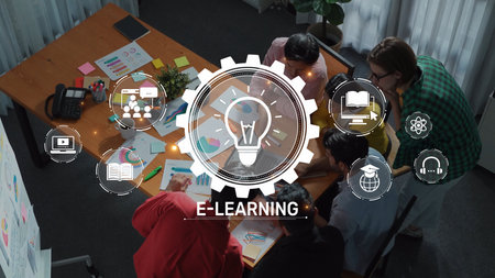 A dynamic e-learning session captures a diverse group collaborating over digital tools, enhancing...