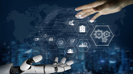 AI optimizing business management system, enhancing productivity, tracking progress, analyzing...