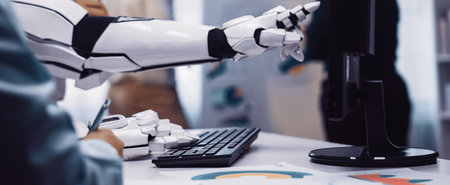 A robotic arm interacts with a computer in a contemporary office, highlighting the synergy between...