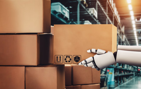 Innovative industry robot working in warehouse for human labor replacement . Concept of artificial intelligence for industrial revolution and automation manufacturing process .の写真素材