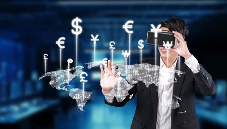 A businessman in a suit engages with a virtual reality interface, exploring global currency trends...