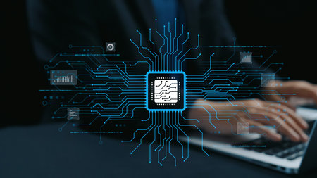 This stock image showcases the intersection of modern technology and artificial intelligence,...