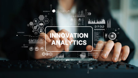 Innovation Analytics Concept with Hands Typing on Keyboard and Data Visualization Graphics in Modern...