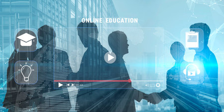 An online education and e-learning platform for distance learning. A concept of video courses, virtual classrooms, and digital study resources. Motifの写真素材