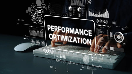 Hands Typing on Keyboard with Digital Graphics Representing Performance Optimization and Data...