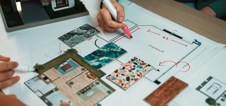 A hands-on planning session for home design showcasing a table filled with colorful samples,...