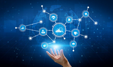 A modern hand reaching towards a digital interface showcasing global connectivity and data...