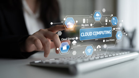 Explore the intersection of business and technology with this illustration of cloud computing,...