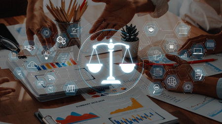 A professional meeting scene with hands collaborating over documents and charts, featuring digital...