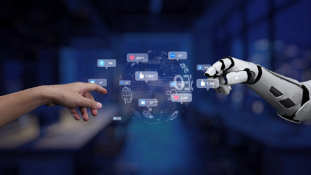 A human hand reaching toward a robotic hand amidst floating social media icons, representing digital...