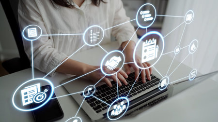 Concept of task management optimizes business efficiency. This system streamlines workflows,...
