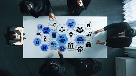 ESG icons show environmental impact, social responsibility, and corporate governance. ESG drives...