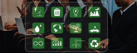 A professional business setting featuring diverse individuals engaged with technology, accompanied...