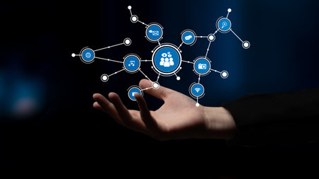 A hand reaches out to a network of digital icons representing social media and online communication,...