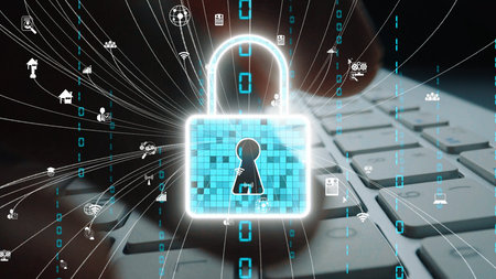 This image illustrates a digital lock symbol on a keyboard, representing the importance of cyber...