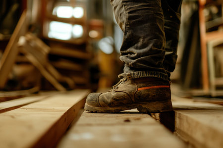 A workers sturdy boot rests on weathered wooden planks in a workshop. This image captures the essence of manual labor, showcasing the rustic atmosphere and craftsmanship involved in building andの素材