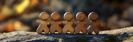 A tranquil scene featuring four wooden figurines holding hands on a rock, symbolizing unity and friendship amidst a beautiful natural backdrop.の素材