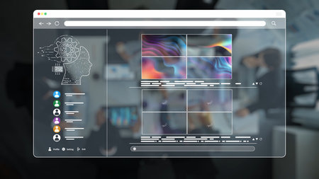This image showcases a futuristic digital interface set in a collaborative workspace, blending...