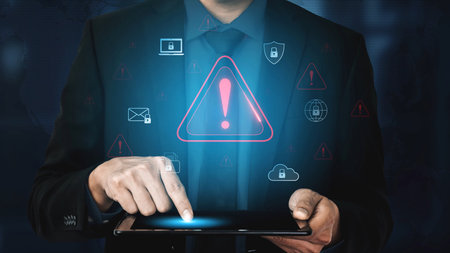 Cybersecurity threat alert protects data. Cyber security threat alert prevents access, alert warns breach, defends system, and cyber security threat alert identifies risk.の写真素材