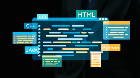 A vibrant digital interface highlighting popular programming languages like HTML, Python, and Java,...