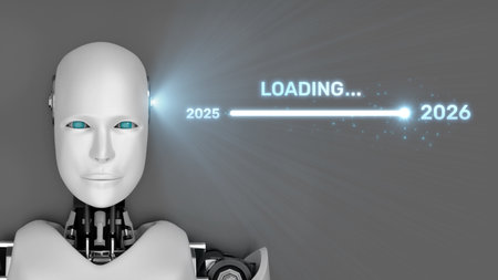 A sleek, futuristic robot with a smooth face and glowing blue eyes stands against a gray background,...