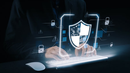 A focused depiction of digital security, featuring hands typing on a keyboard with a glowing shield...