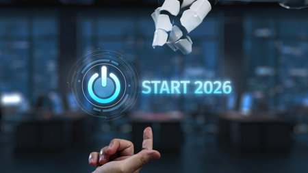 This image captures a futuristic scene of a robot hand poised to activate a power button,...