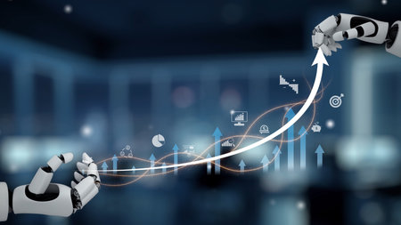 AI drives business growth with artificial intelligence metrics, virtual assistant planning, and AI-guided strategic expansion by 2025 and beyond.の写真素材