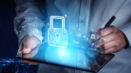 Cybersecurity protection system showing password encryption, fingerprint ID, cloud security, email,...
