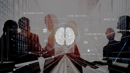 AI brain network powered by machine learning processes vast data through intelligent connections, enabling smart decisions, analysis, and autonomous systems.の写真素材