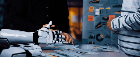 A dynamic scene showcasing a human and a robotic arm working together in a business meeting,...