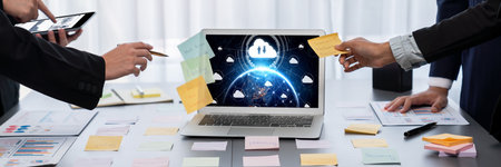 Analyst team use sticky note for creative and analytic brainstorm for business idea with BI data...