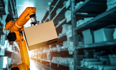 Smart robot arm system for innovative warehouse and factory digital technology . Automation manufacturing robot controlled by industry engineering using IOT software connected to internet network .の写真素材