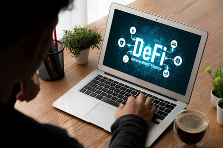 Decentralized finance or DeFi concept on modish computer screen . The defi system give new choice of...