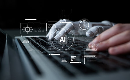 AI system interacting with artificial intelligence interface, processing data, executing algorithms,...