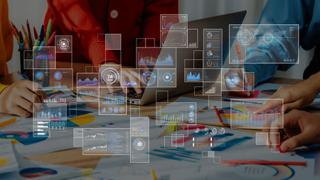 A dynamic workspace featuring professionals collaborating on data analytics, charts, and reports....