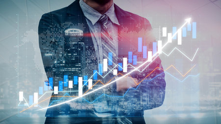 A confident business professional stands with arms crossed, depicted against a backdrop of dynamic graphs and data, symbolizing financial growth and market analysis. Copulaのeditorial素材