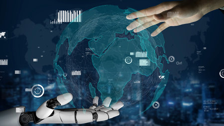 A captivating image illustrating a human hand and a robotic hand reaching for a digital globe,...