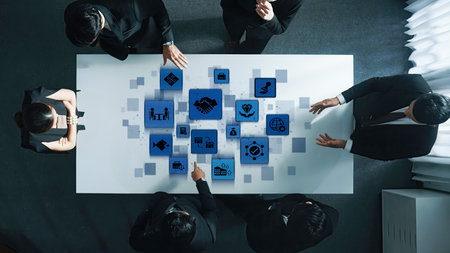 Business concept icons showing mergers and acquisitions, partnership, investment, and growth....